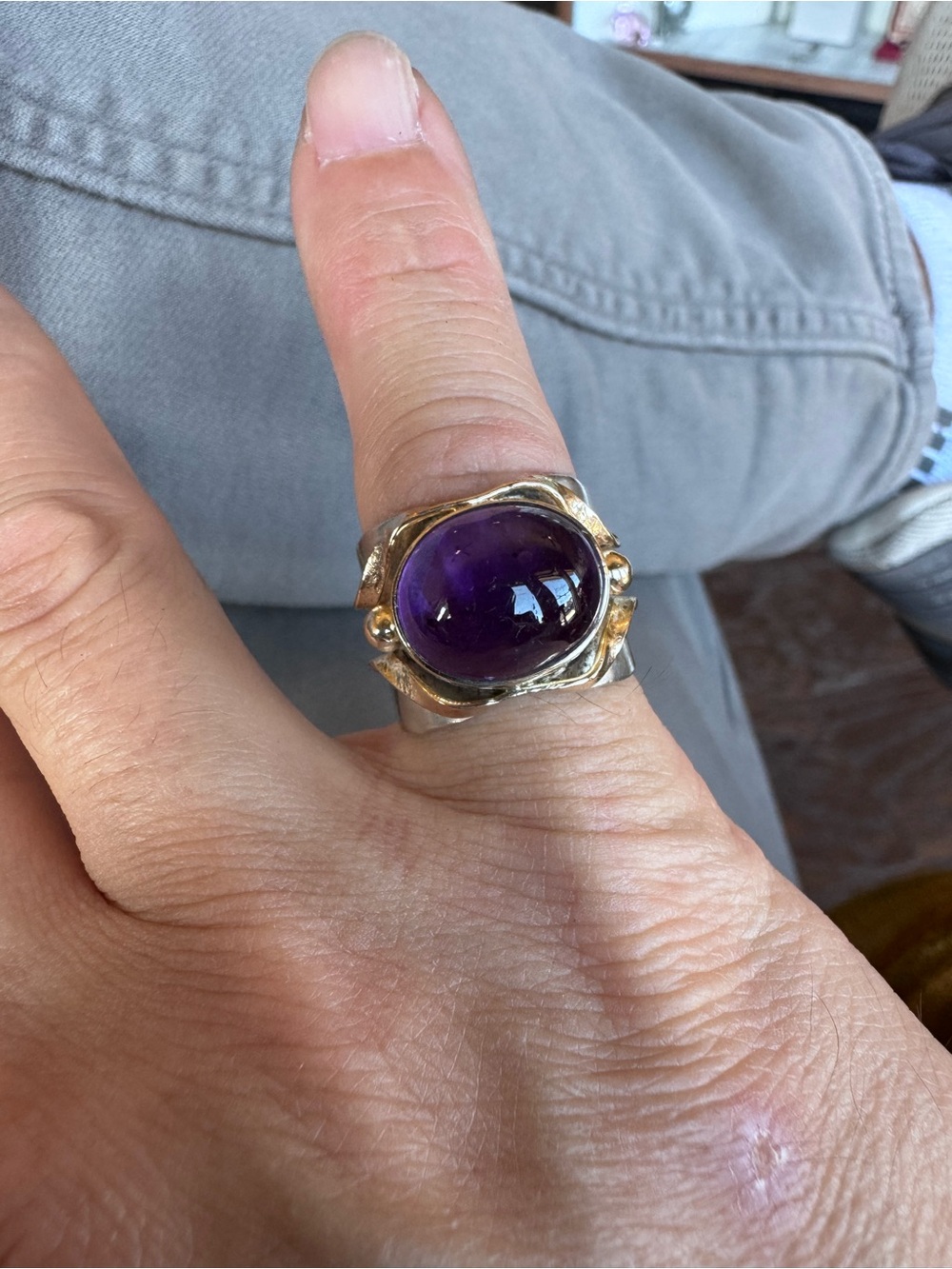 14k and Silver Ring with Deep Purple Cabochon Stone